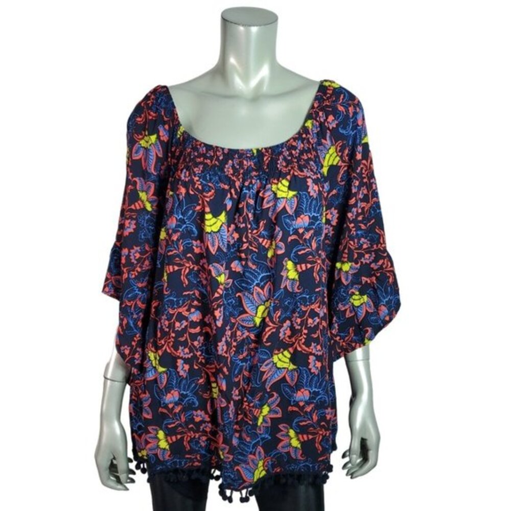 Cato Top Plus‎ Size 18/20W Fringe Bell Sleeve Smocked 3/4 Sleeve Casual Blue